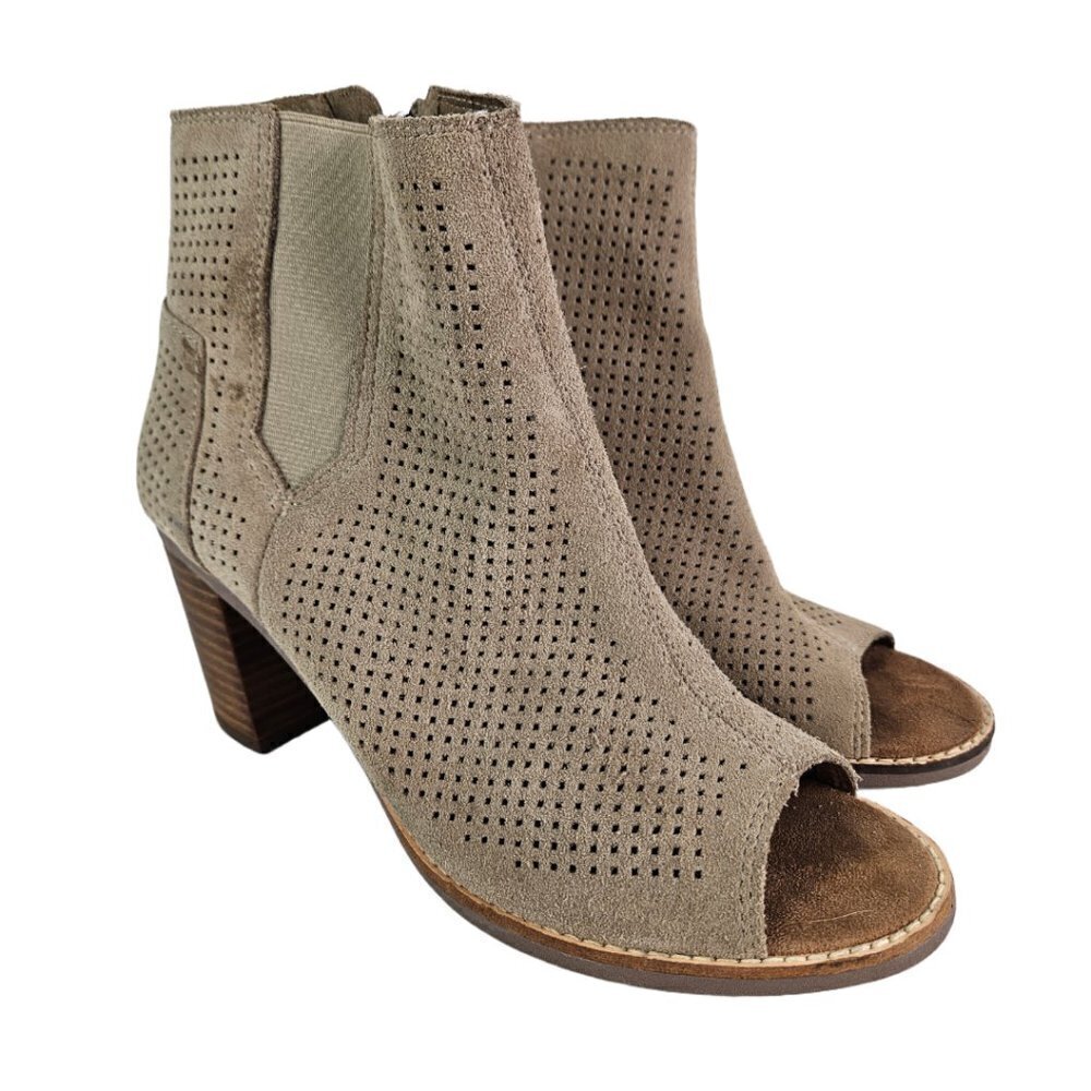 Toms Majorca Perforated Suede Peep Toe Boot Stucco (Tan) 7.5 10004963